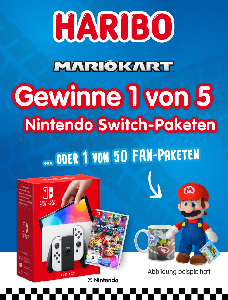 HARIBO und MARIOKART. Gewinne 1 von 5 Nintendo Switch-Paketen oder 1 von 10 Fan-Paketen